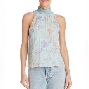 Alice + Olivia Floral Smocked High Neck Blouse Small Pastel Blue Sleeveless